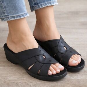 Vtg Y2K Retro Faded Glory Mae Black Wedge Sandals Womens Sz 11 Slip On Slide